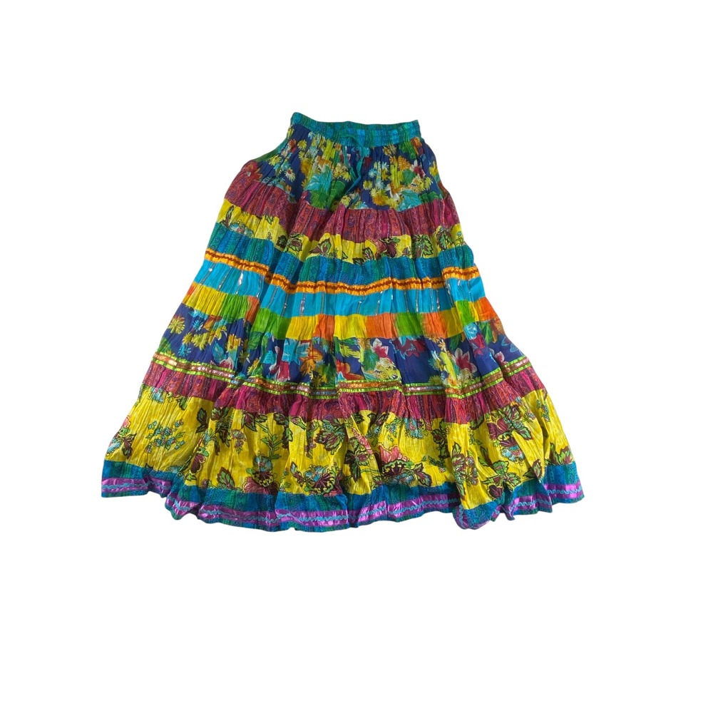 Anu By Natural Floral Tiered Maxi Skirt Cotton Boho Hippie Colorful Small